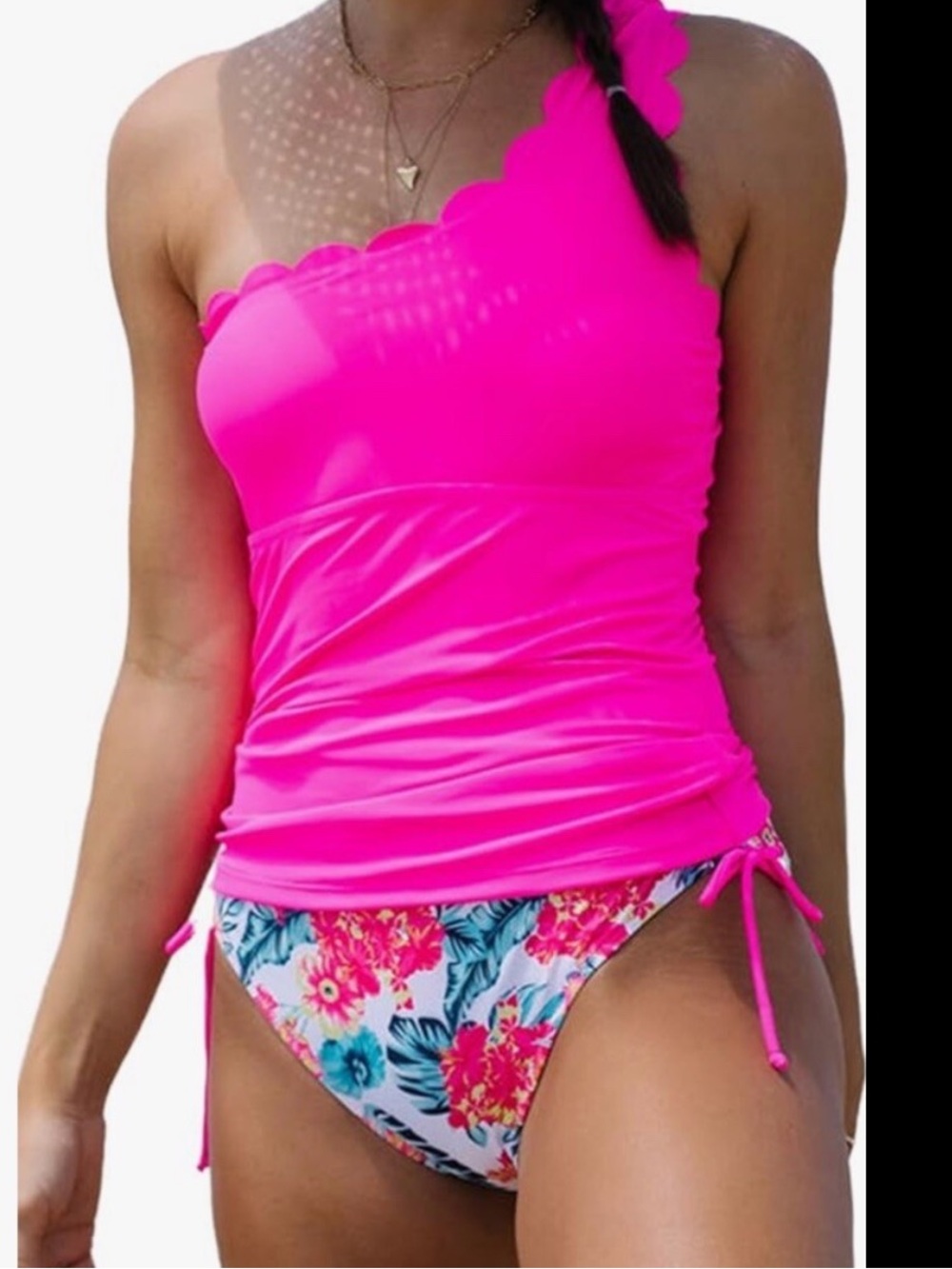 Women's One-Shoulder Pink Tankini Top & Floral Bikini Bottoms